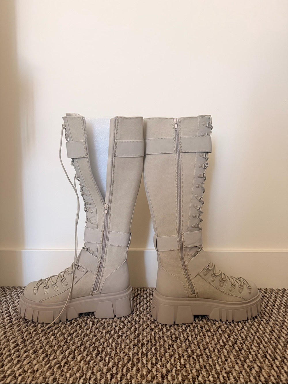 Dolls Kill Beige Lace-Up Knee-High Platform Boots - Picture 3 of 7